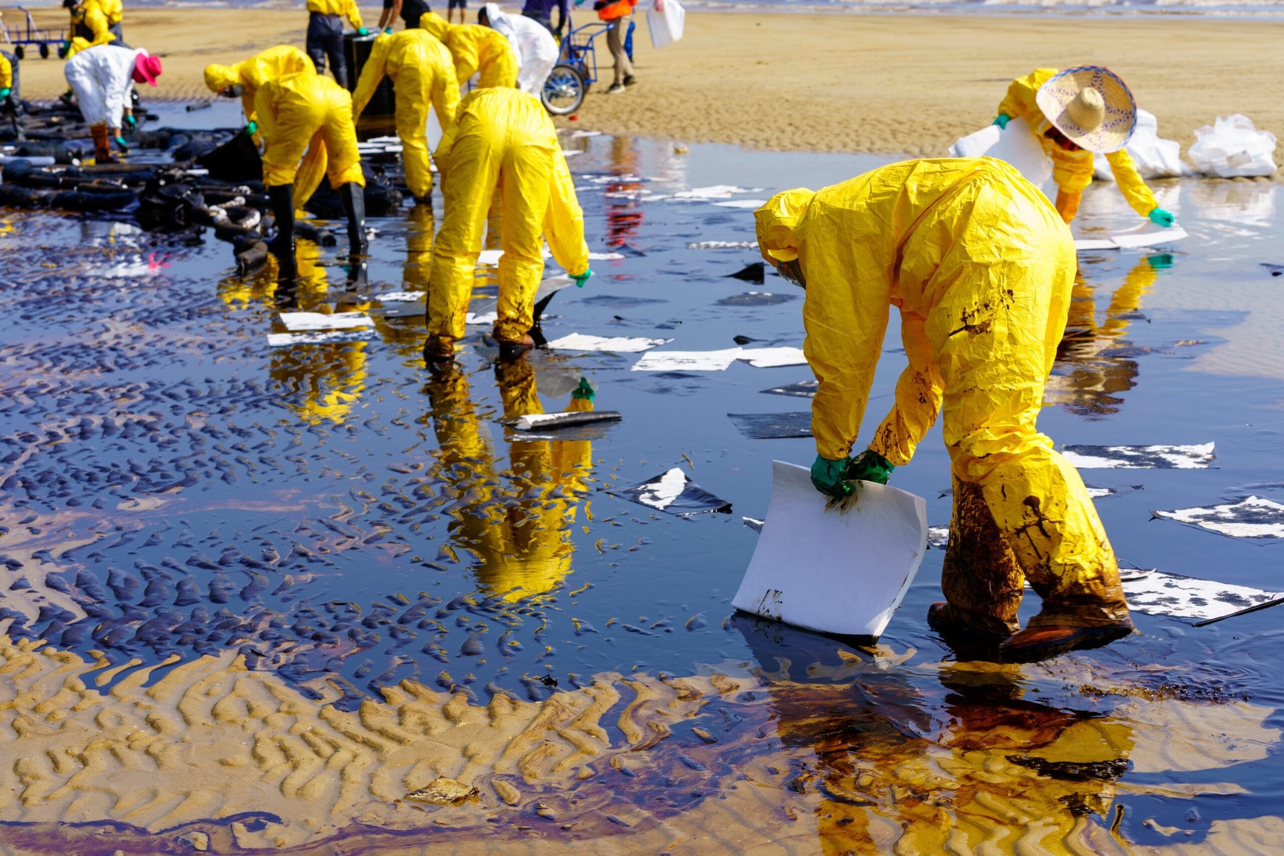 Worker in yellow quarantine suit placing oil absorbent materials to collect crude oil spill from shoreline beach. in Rayong, Thailand. (Selective Focus)